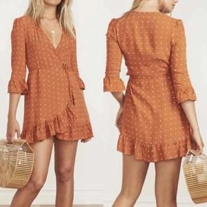 Faithfull The Brand Women's Carmel Mini Wrap Dress 8 Brown Orange Ruffled